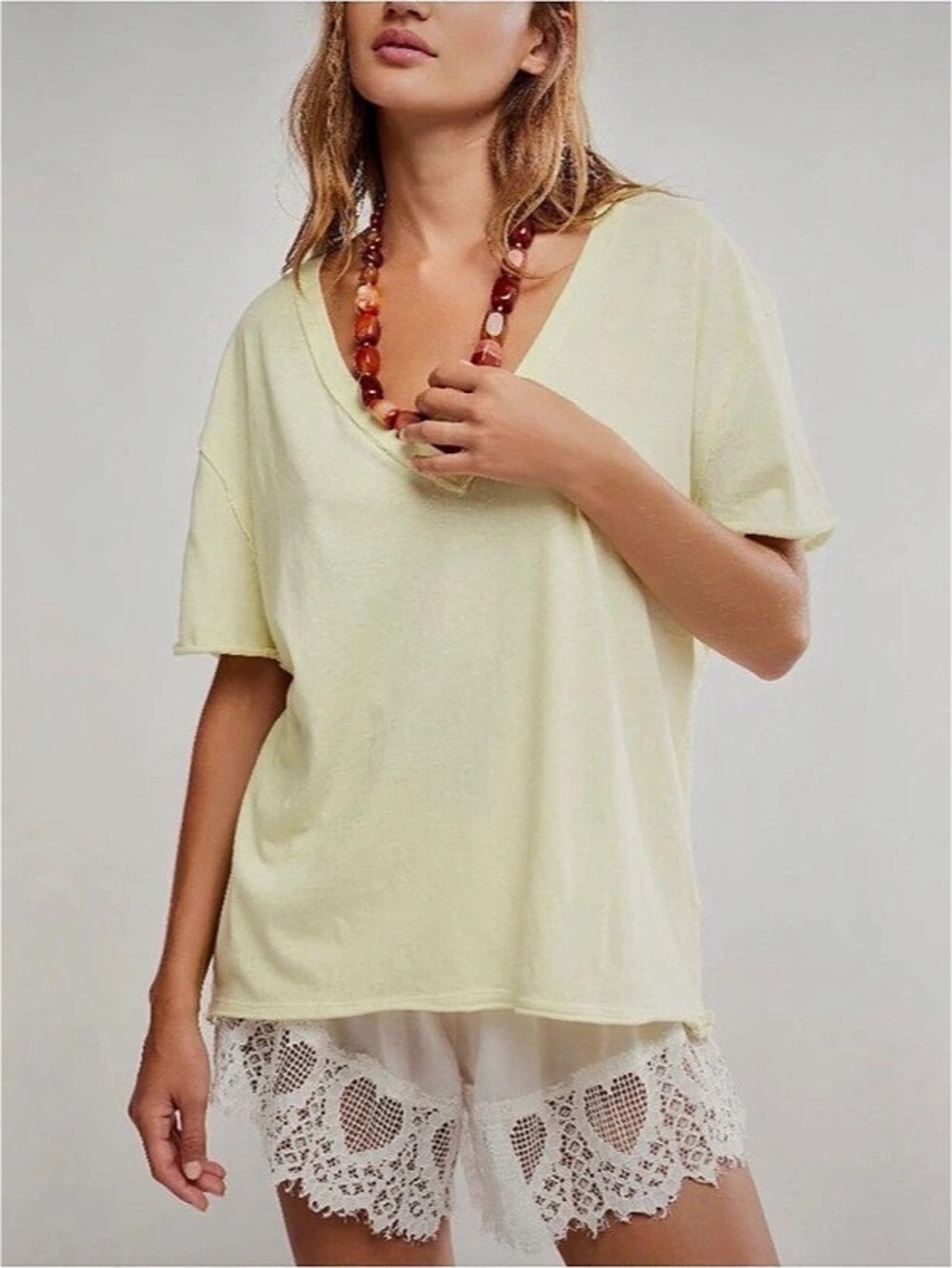 FREE PEOPLE We The Free Nina V-Neck Tee / Lemon Water 🌷 NWT
